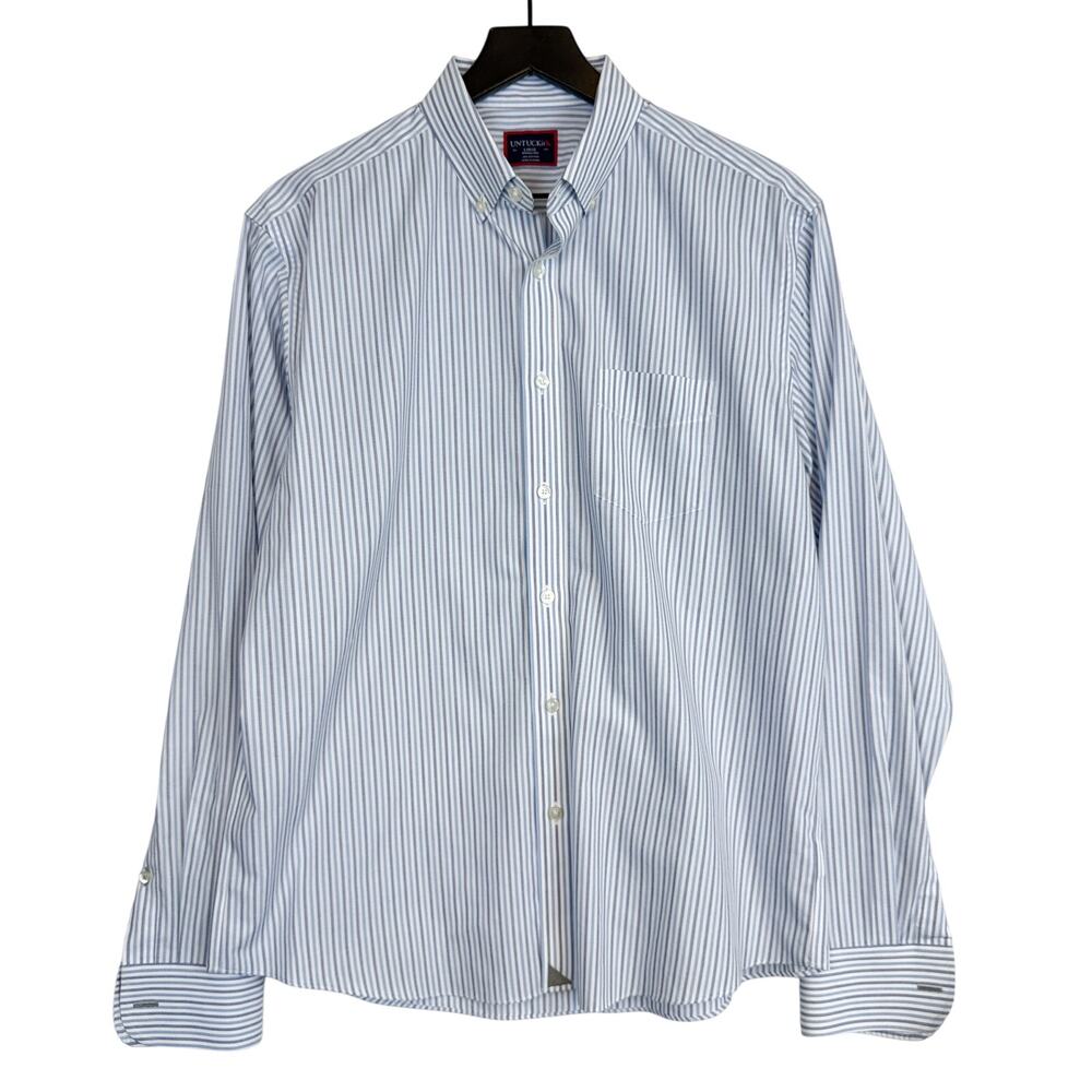 UNTUCKit Mens Wrinkle Free Cotton White Blue Striped Dress Shirt - L